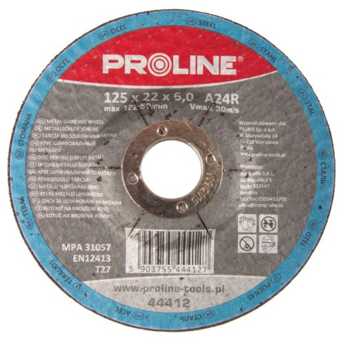 PROLINE Tarcza do szlifowania metali wypukła T27, A24R, 125x6.0 mm, otwór 22 mm,  44412