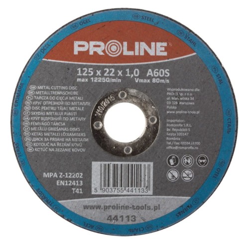 PROLINE Tarcza płaska do cięcia metalu T41, 125x1.0x22 mm, A60S,  44113