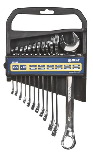 MEGA Klucze oczkowo-płaskie, zestaw 12 sztuk (6-22 mm), CrV /35342/