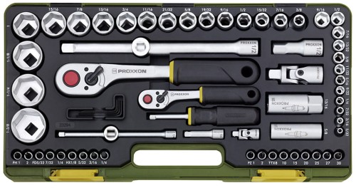 PROXXON Zestaw z grzechotkami 1/4" i 1/2" z nasadkami calowymi 65 części 23294